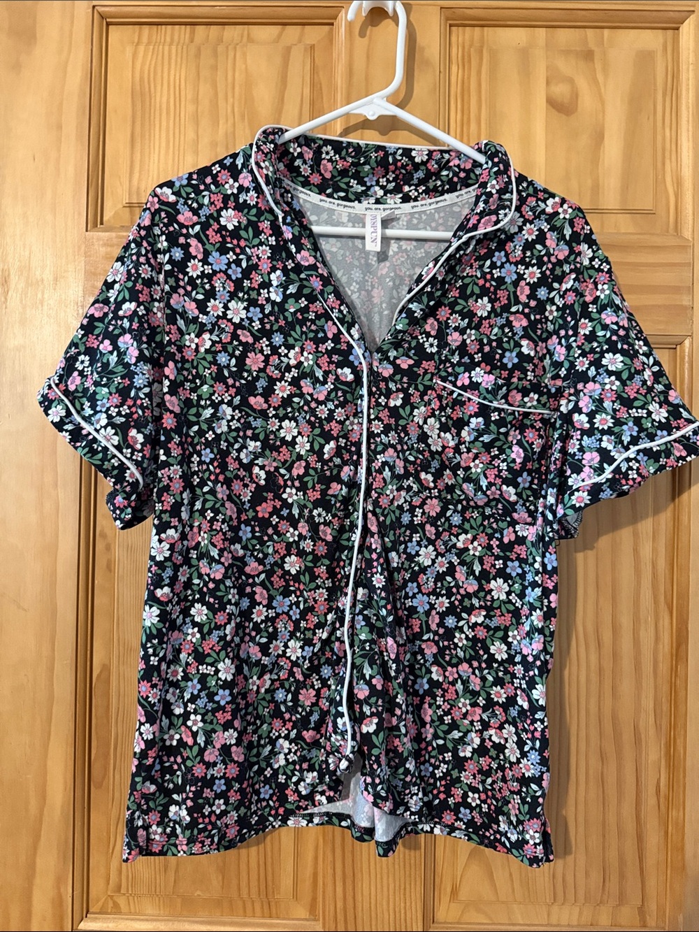 Floral Button-Front Short-Sleeve Top - Black with Pink & Green Floral and Shorts